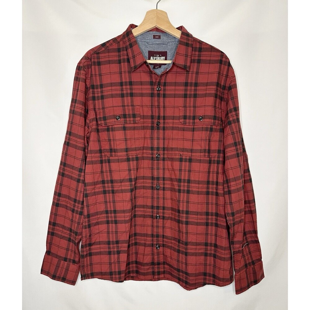 Alesbury‎ Men's Red Black Plaid Button Up Long Sleeve Slim Shirt SIZE LARGE SLIM